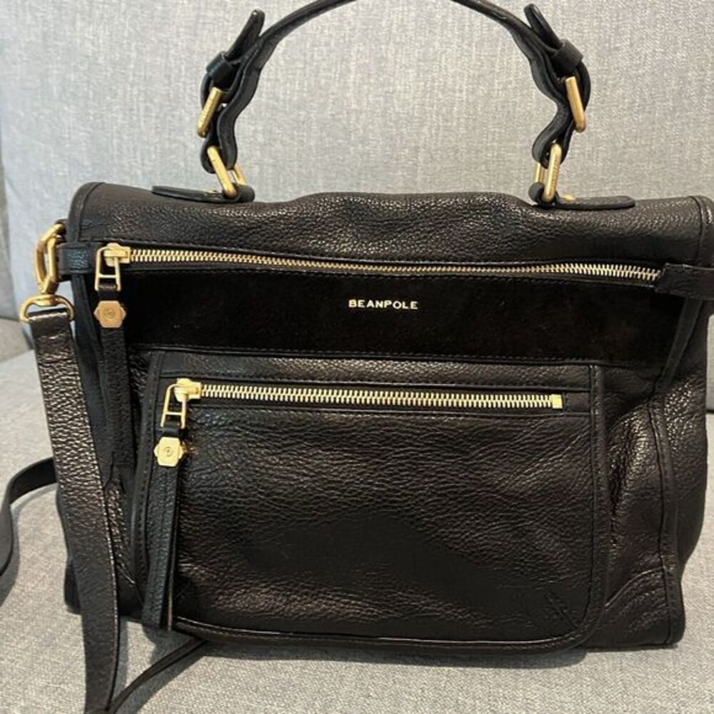 Beanpole Black‎ Pebbled Leather Satchel Crossbody Bag Gold Hardware Suede Trim
